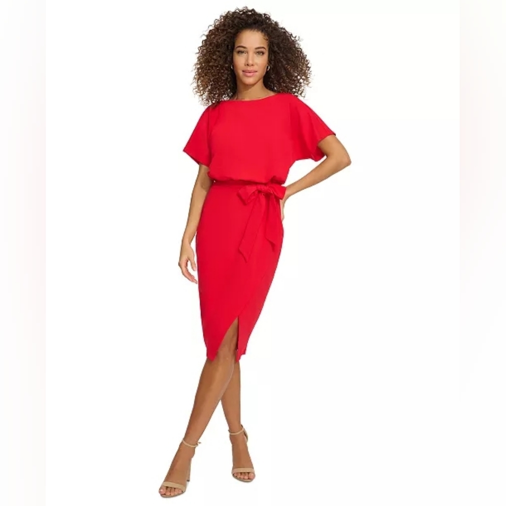 Kensie Women's Boat-Neck Faux-Wrap Blouson Midi Dress Red EUC Large